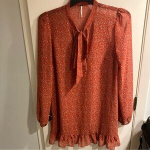 free people Sheer Floral Red Blouse Long Sleeve Size Medium